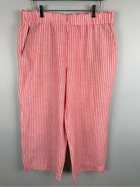 Talbots wide crop pull-on linen blend pants feature a pink and tonal stripe L.